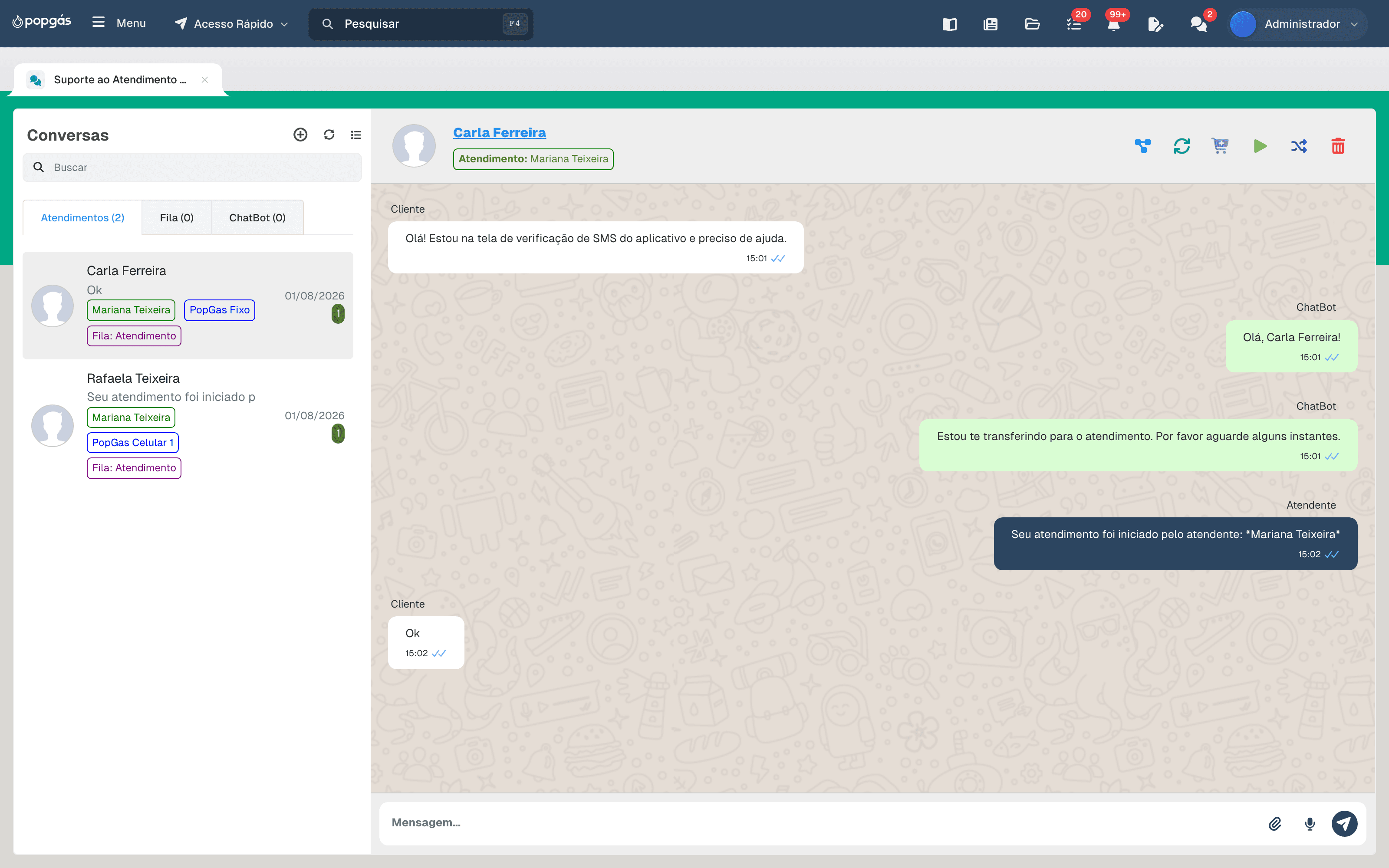 Central de atendimento do WhatsApp com a IA transferindo a conversa para um atendente
