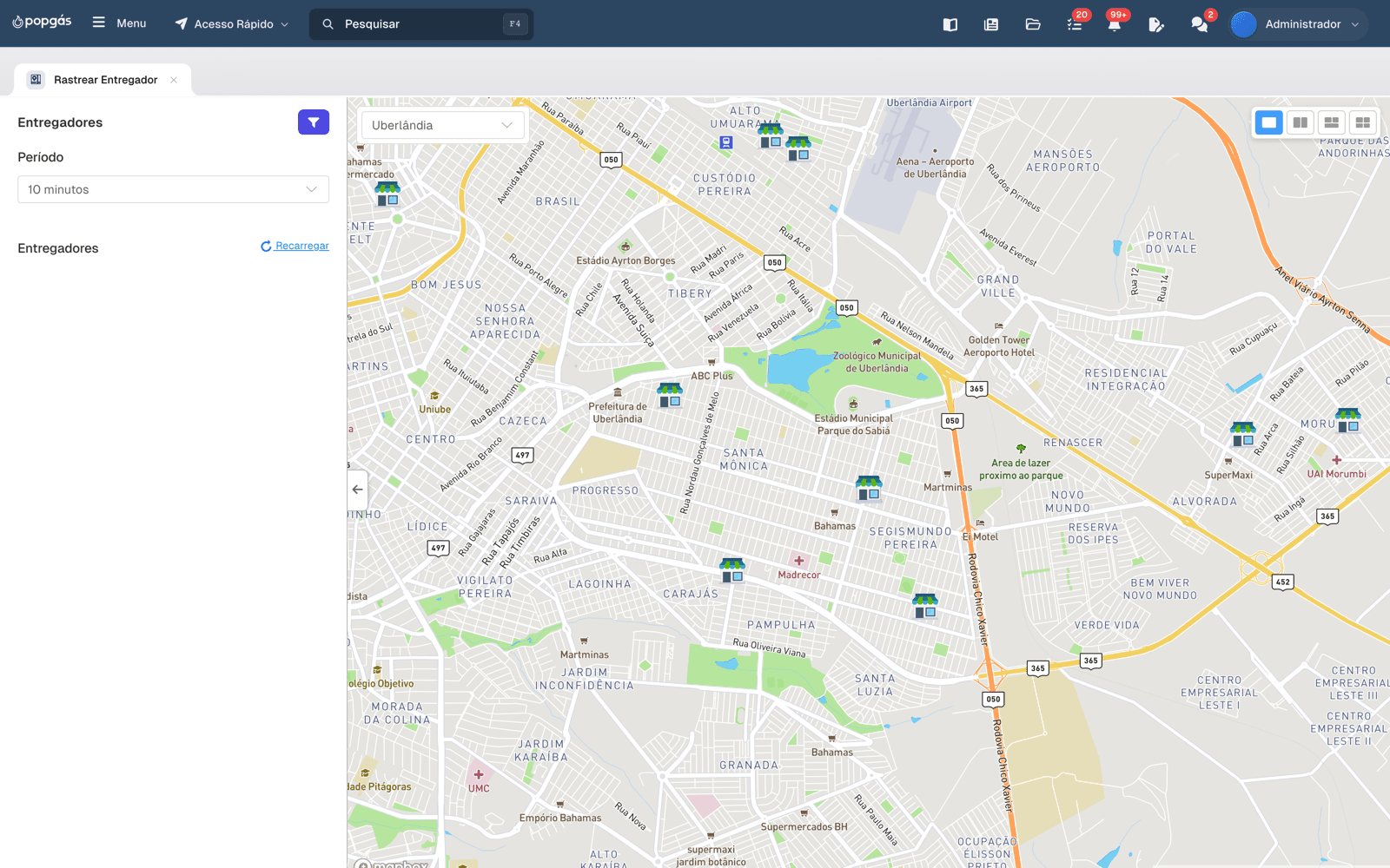 Mapa de rastreamento de entregadores e unidades do PopGás Sistema