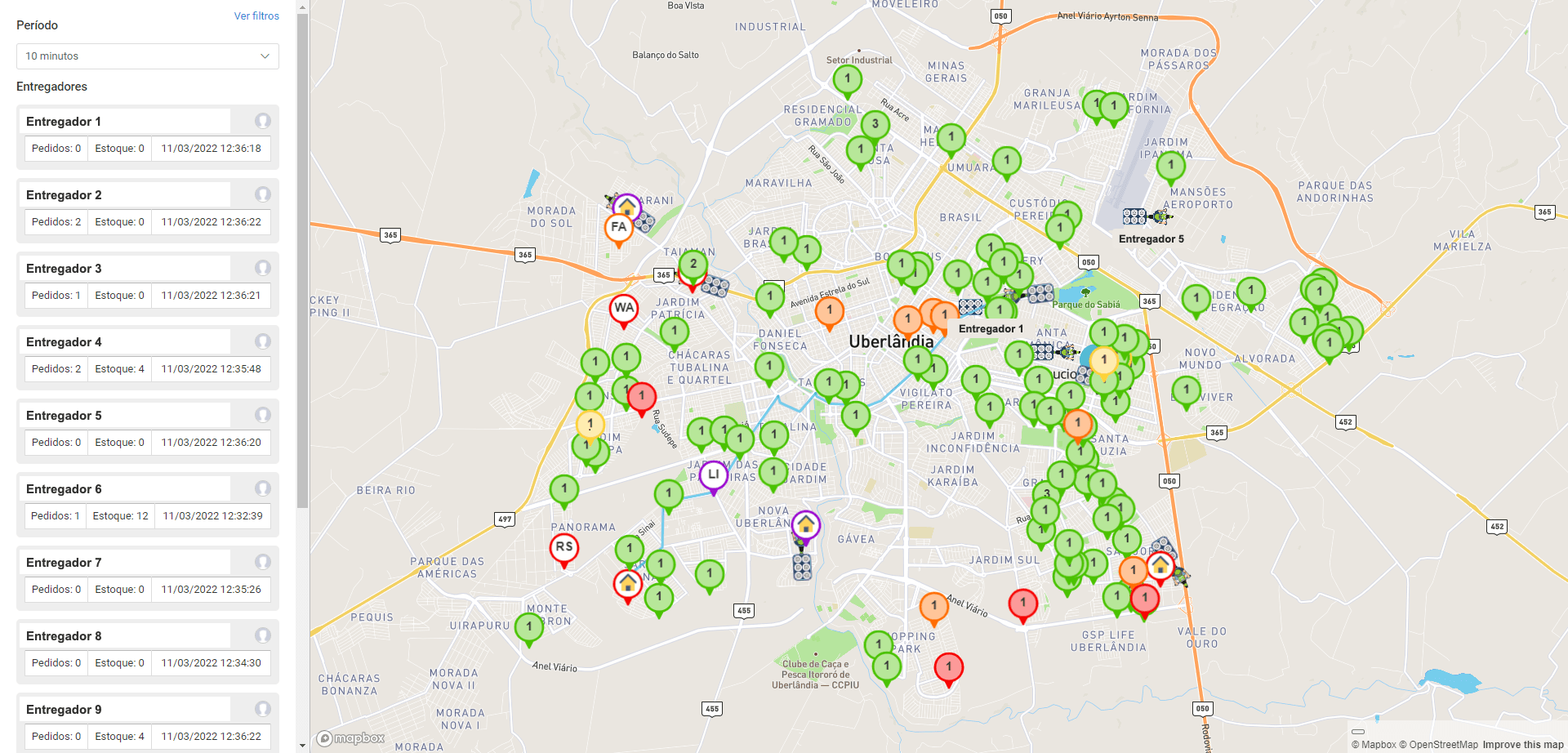 Mapa de rastreamento da frota com pedidos e entregadores em tempo real