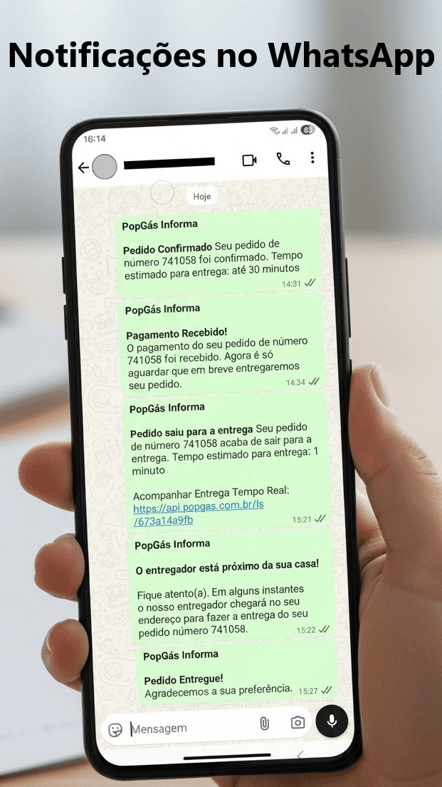 Celular do cliente recebendo as notificações do pedido no WhatsApp